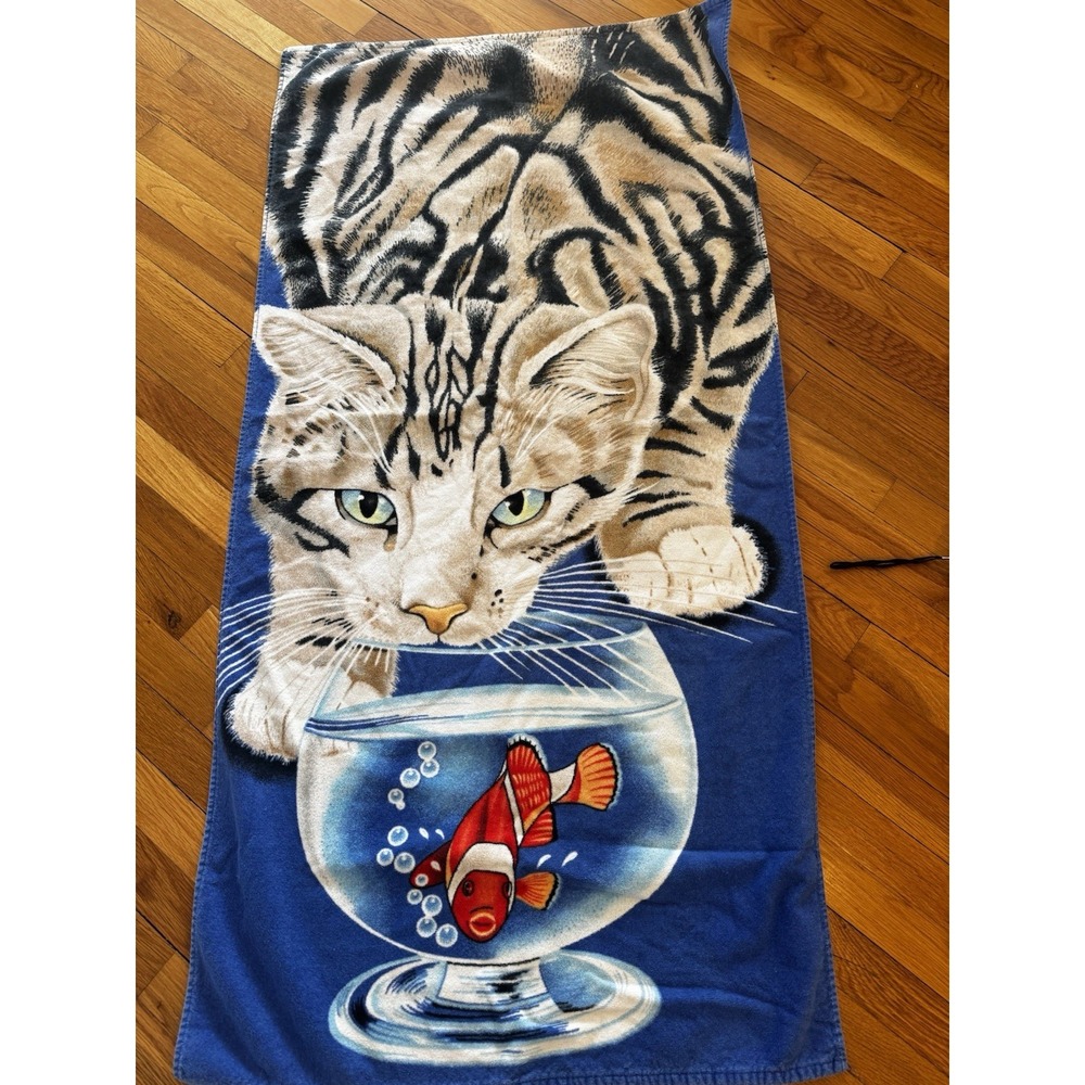 Vintage‎ Hilasal Realistic Cat Fishbowl Beach Towel Bengal Clownfish Blue 27x52